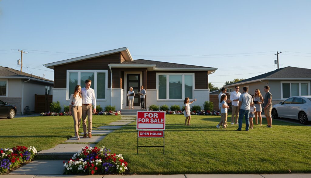 Modern Southern California home with a “For Sale” sign hosting an open house, with guests chatting on the lawn.