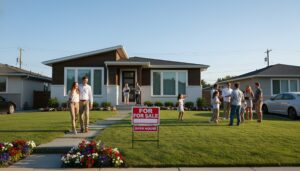 Modern Southern California home with a “For Sale” sign hosting an open house, with guests chatting on the lawn.