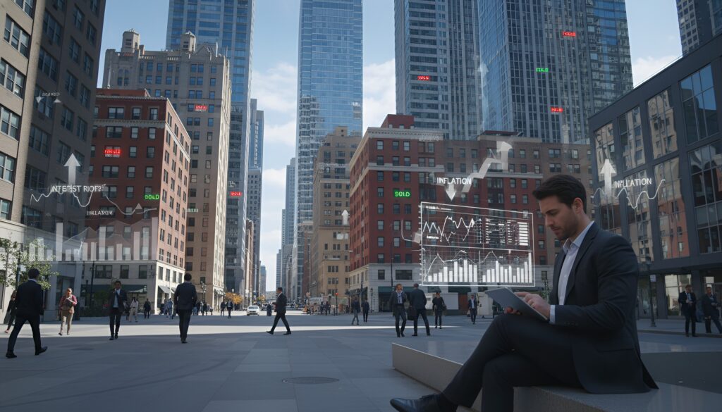 Businessman using a tablet in a busy Southern California city plaza with digital graphs.