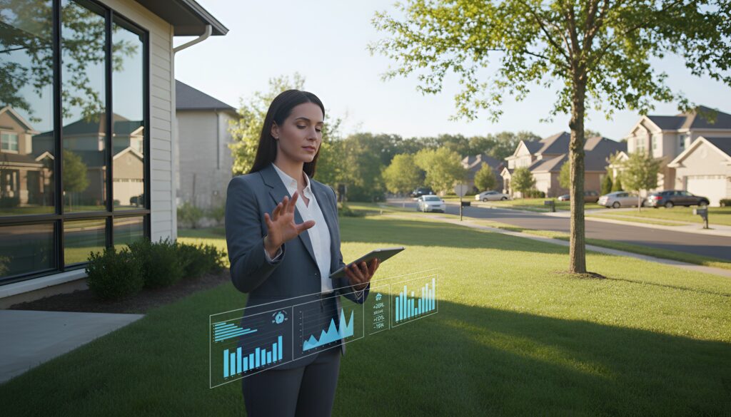 Businesswoman in a suit interacts with a digital touchscreen showing graphs in a Southern California suburban neighborhood.