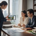 Real estate agent in California showing a tablet to a couple in an office, with documents and a house model on the table.