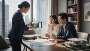 Real estate agent in California showing a tablet to a couple in an office, with documents and a house model on the table.
