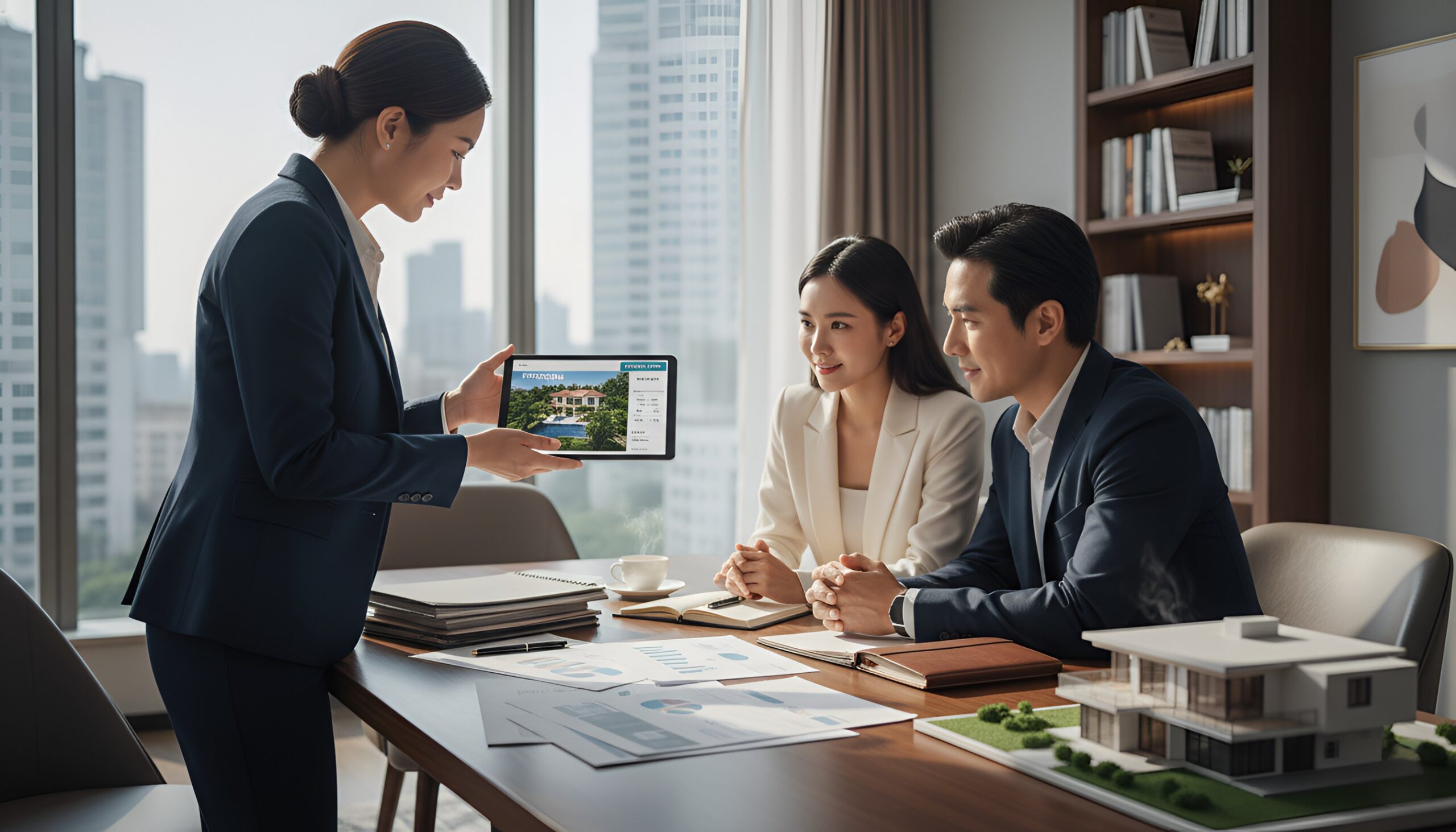 Real estate agent in California showing a tablet to a couple in an office, with documents and a house model on the table.