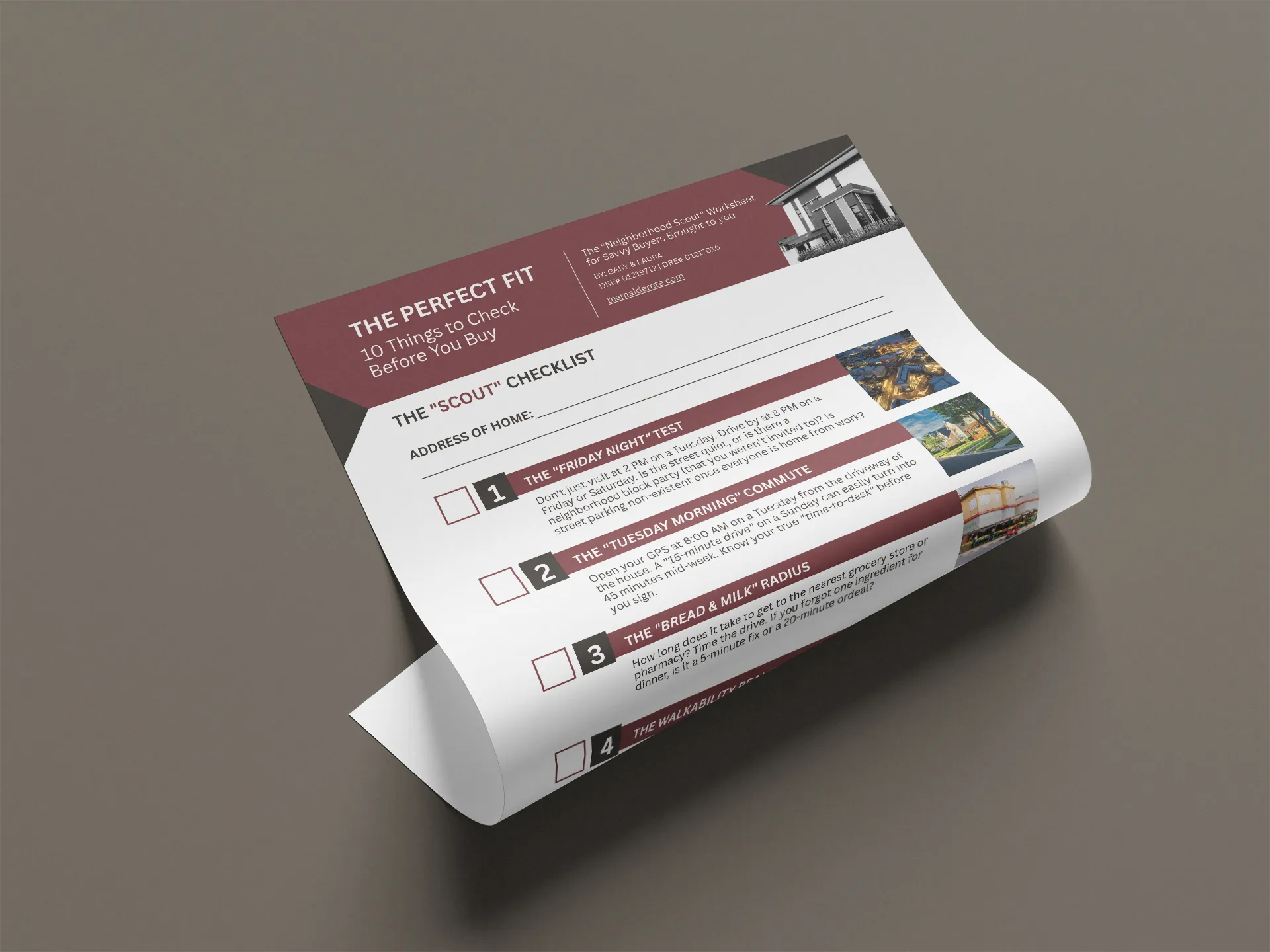 A folded brochure titled "The Perfect Fit: 10 Things to Check Before You Buy" lays on a gray surface. It features a checklist with illustrated steps.