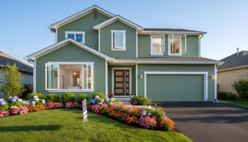 Two-story green Southern California home with large windows, front porch, two-car garage, and a colorful garden.