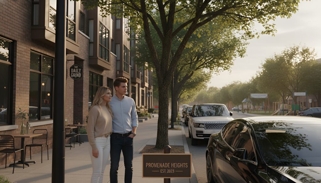Couple strolling through Promenade Heights along a tree-lined modern street with a “Daily Grind” café and parked cars.