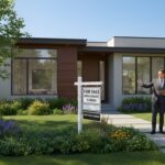 Modern Southern California home with large windows, landscaped garden, and a “For Sale” open house sign as an agent shows the property to a potential buyer.