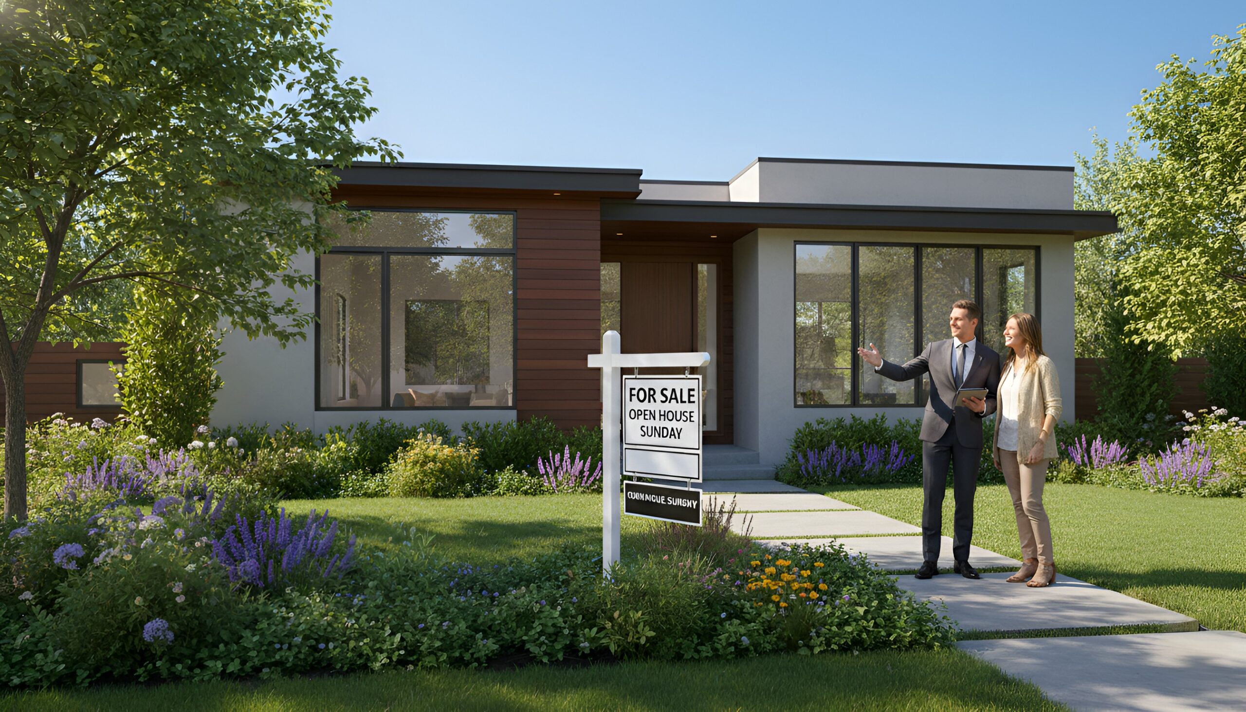 Modern Southern California home with large windows, landscaped garden, and a “For Sale” open house sign as an agent shows the property to a potential buyer.