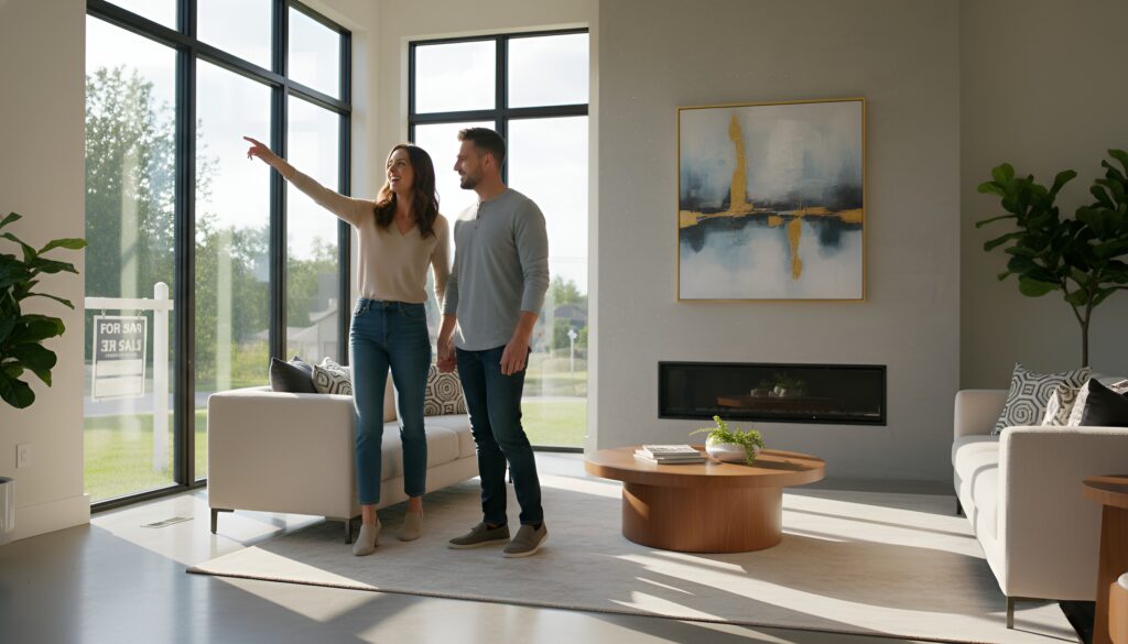 Couple in a modern Southern California living room, pointing at large windows with bright, serene décor and sleek furniture.