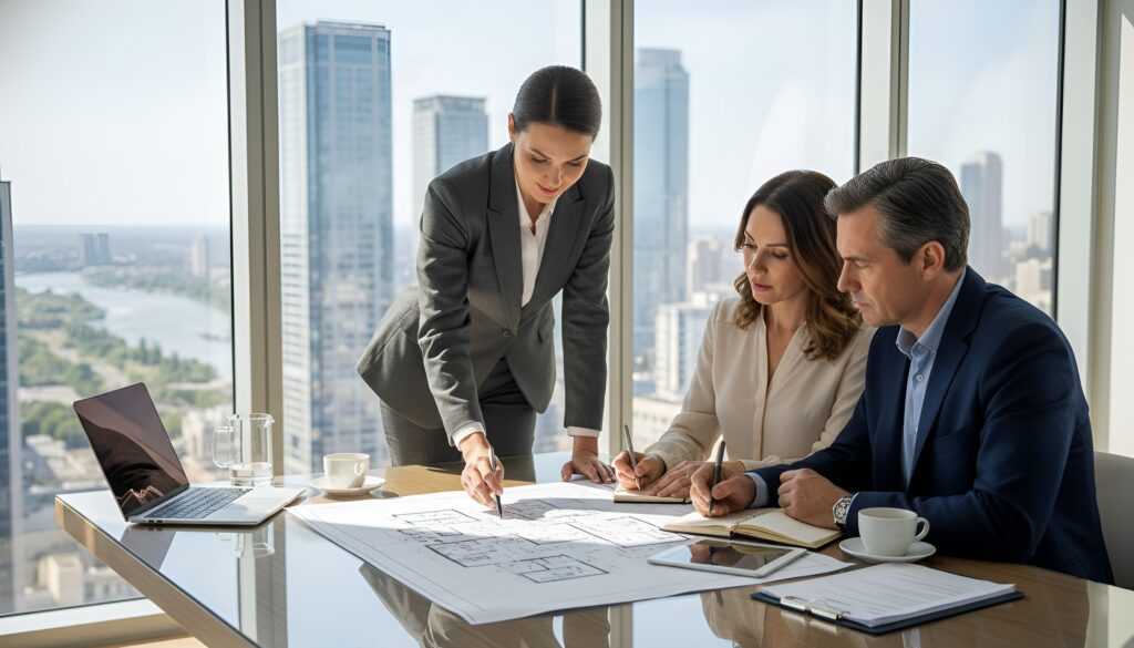 Business meeting in a bright modern California office with city views, as three professionals discuss architectural plans.
