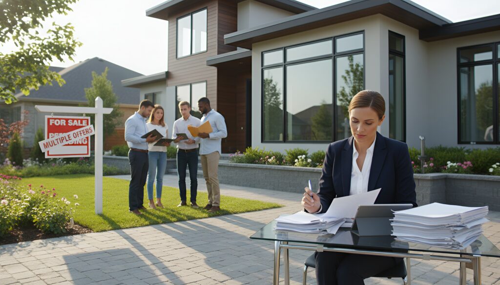 Real estate agent reviews documents at a glass table outside a modern Southern California home with a “For Sale – Multiple Offers” sign and nearby buyers.